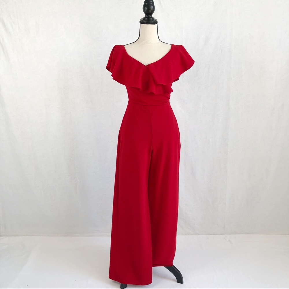 HOT MIAMI STYLES Red Ruffled Wide Neck Jumpsuit